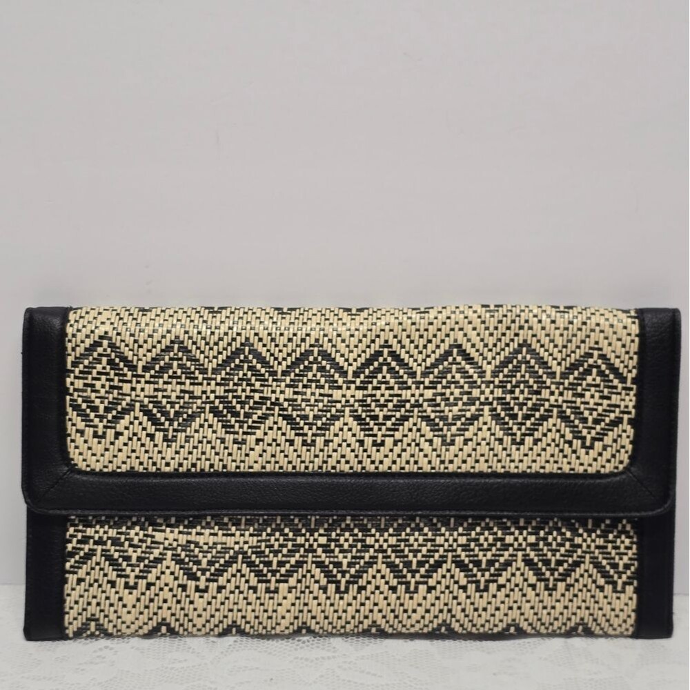 Banana Republic Chevron Straw Clutch Black Vegan Leather Trim Boho Chic NWT